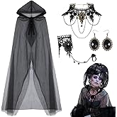 Toulite 4 Pcs Halloween Witch Costume Accessories Full Length Sheer Black Hooded Cape Gothic Necklace Bracelet Earrings Vampire Accessories for Women