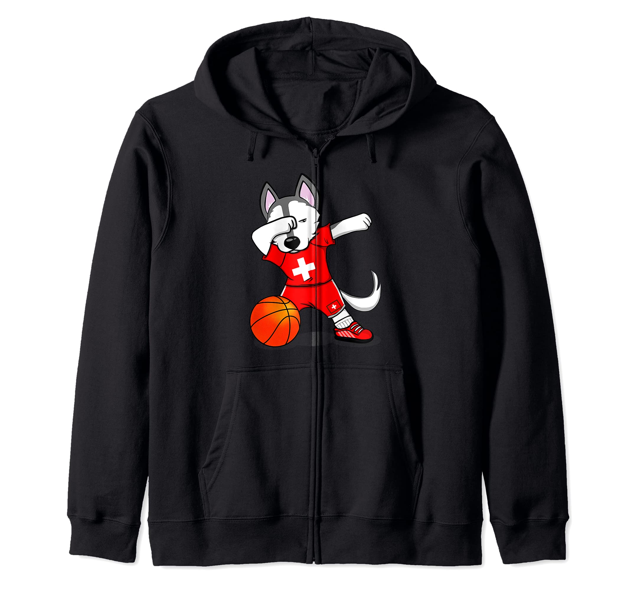 Dabbing Husky Switzerland Basketball Fans Jersey Swiss Flag Zip Hoodie