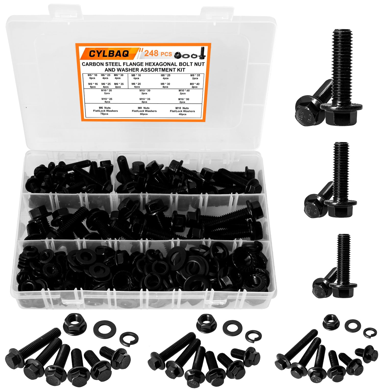 CYLBAQ Flange Nut and Bolt Set M6 M8 M10, 248PCS Flanged Hex Bolts With Flat & Lock Washers, Carbon Steel Hexagon Head Nut and Bolt Sets, Black Metric Assorted Machine Screws