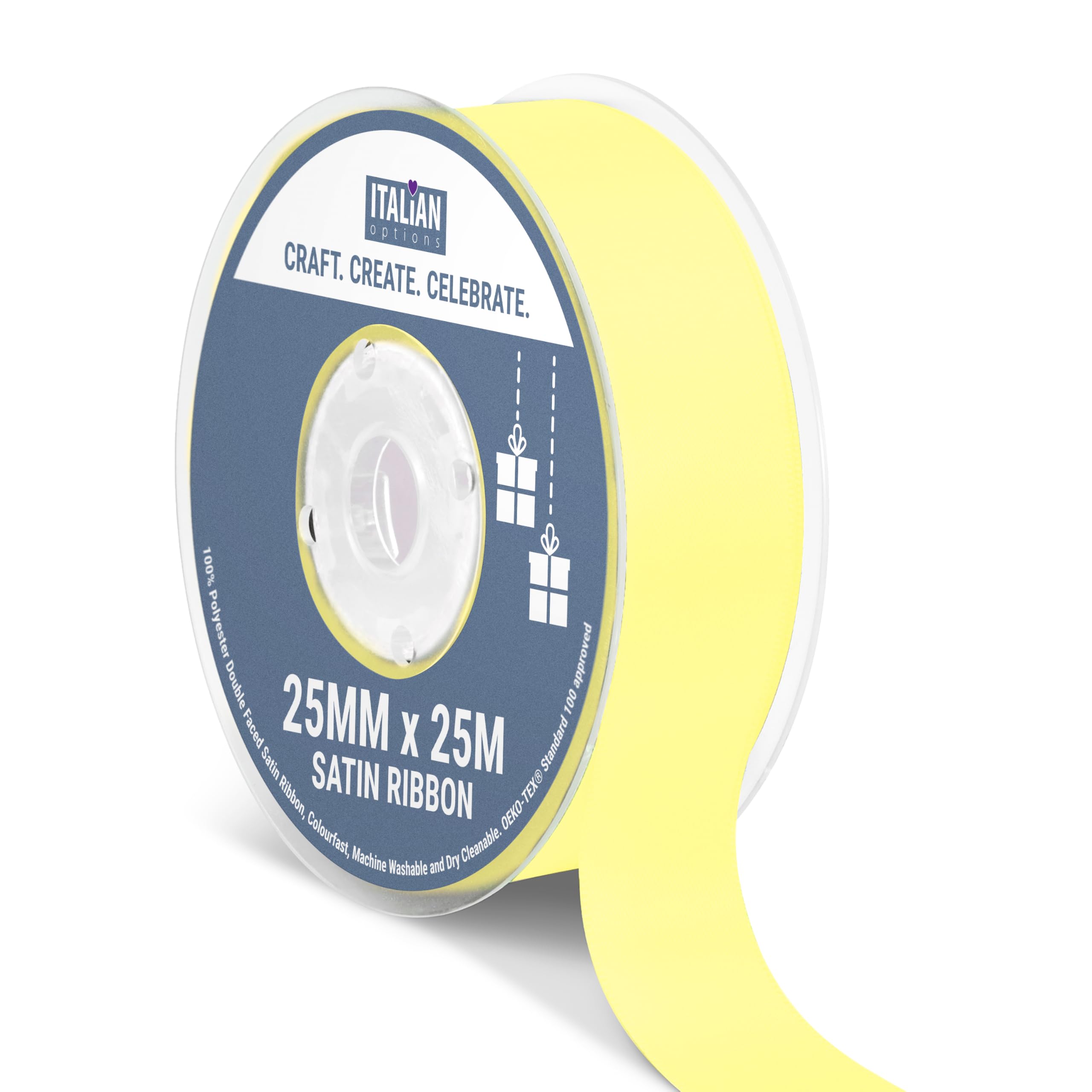 Italian Options Satin Ribbon, Fabric Ribbons for Gift Wrapping, Crafting, Balloons, Wedding Car, Presents, Cake, Christmas, Birthday, Gift Wrap Accessories, 25mm Wide x 25 Metre Roll, Lemon