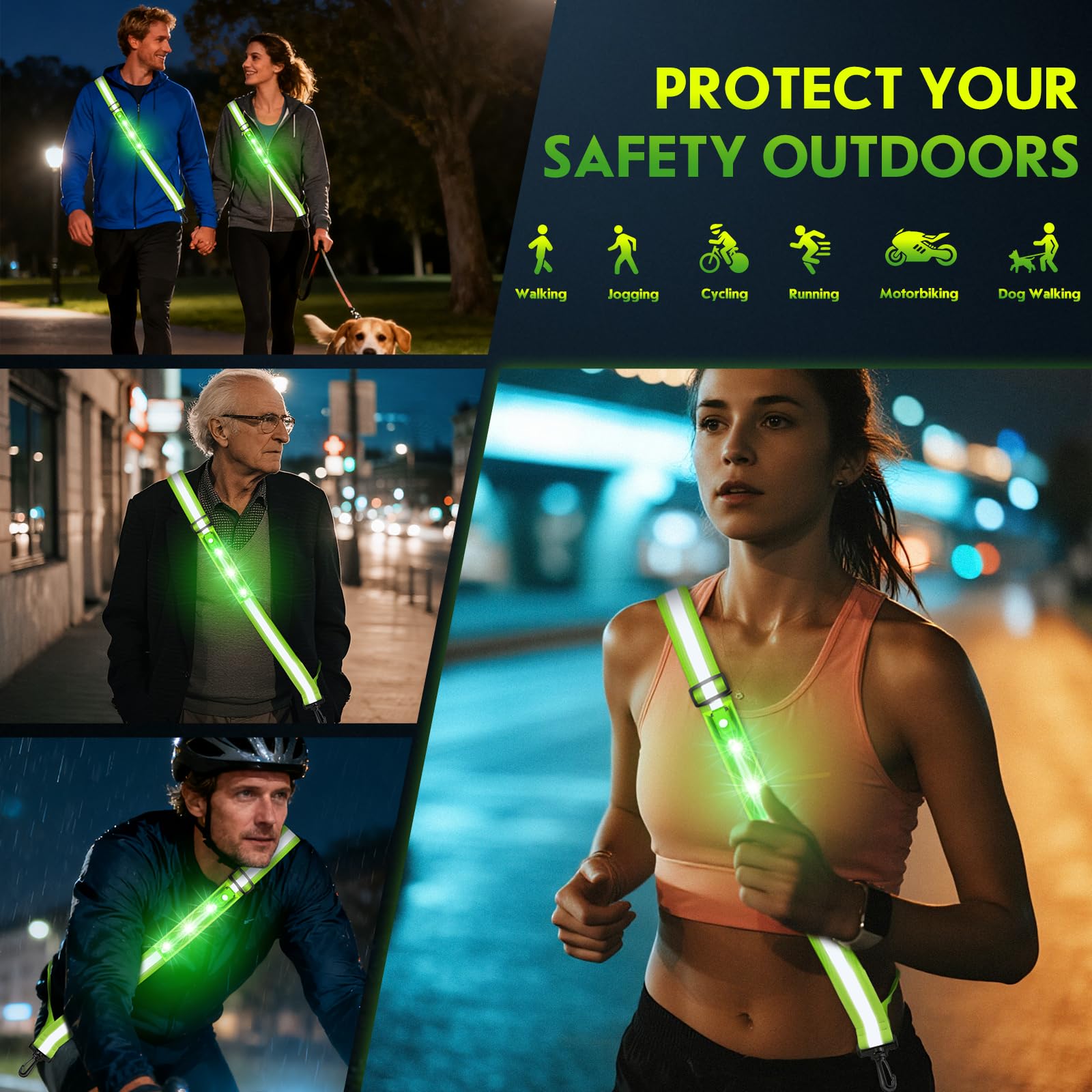Simket Reflective Walking Gear, Rechargeable Led Reflective Sash, Adjustable Night Walking Safety Gear, High Visibility Safety Lights for Walking at Night for Men Women Jogging Running Biking