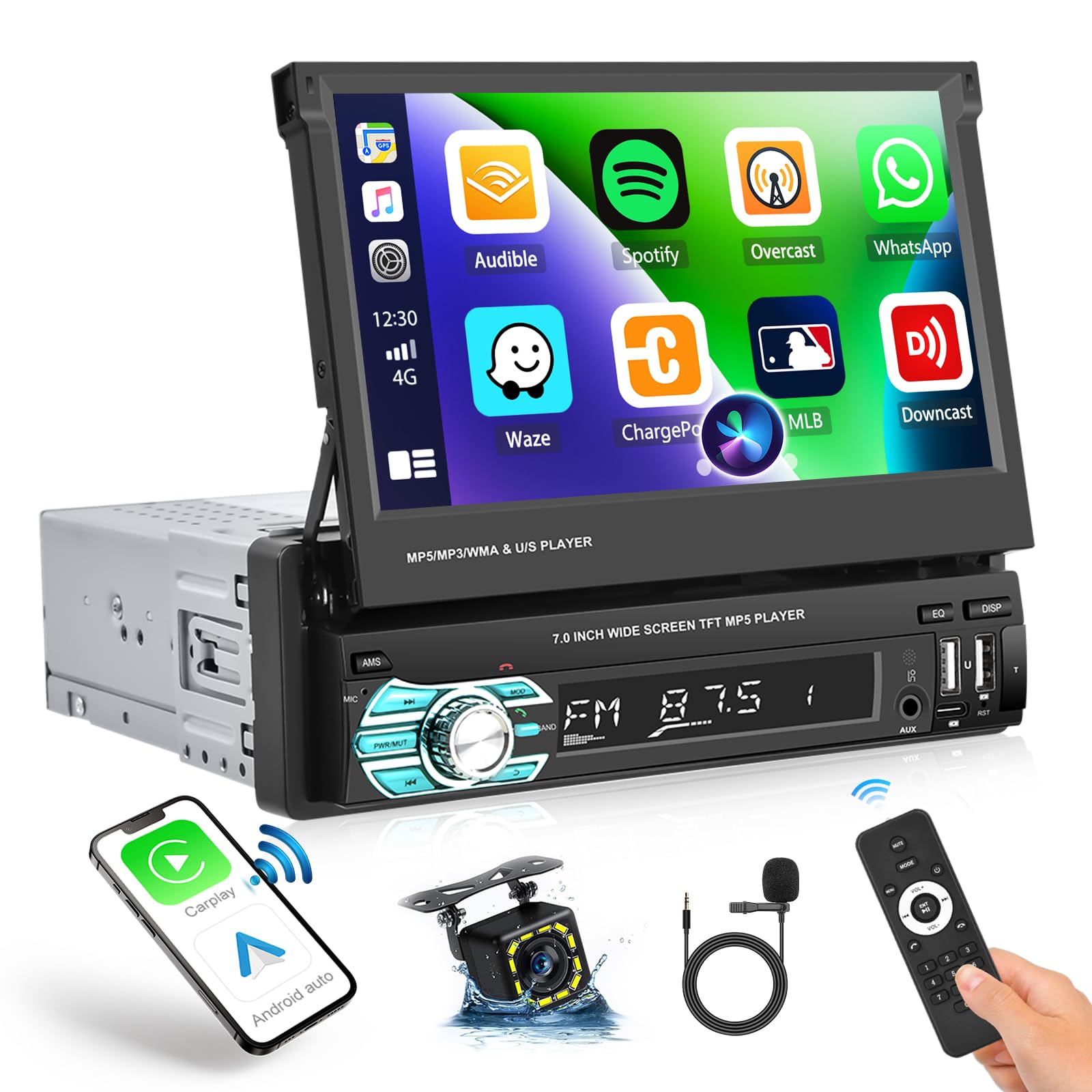 Single Din Car Stereo with Apple Carplay Wireless Android Auto, CAMECHO 7" 1 Din Flip Out Touch Screen Car Radio with Bluetooth 5.1, Mirror Link/FM/SWC/USB/Type C/TF Card/AUX+Camera+Remote Control
