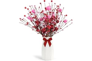 HINSLY 6 Pack Valentine’s Day Picks Artificial Berry Flower Stems Picks with Hearts for Valentines Day Decor and Gifts Wedding Anniversary Decorations(16inch Pink + Red)