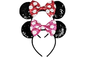 KICOFIT Mouse Ears Headbands Women Mice Ears Headhand Bows Shiny Glitter Birthday Party Themed Events (Rose & Red)