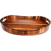 Acacia Wood Serving Tray with Handles, Premium Coffee Table Decor, 16.5”x12.5”, Oval Design, Breakfast in Bed, Decorative Ottoman Tray for Living Room, Serving Platter, Coffee Table, Candle Display