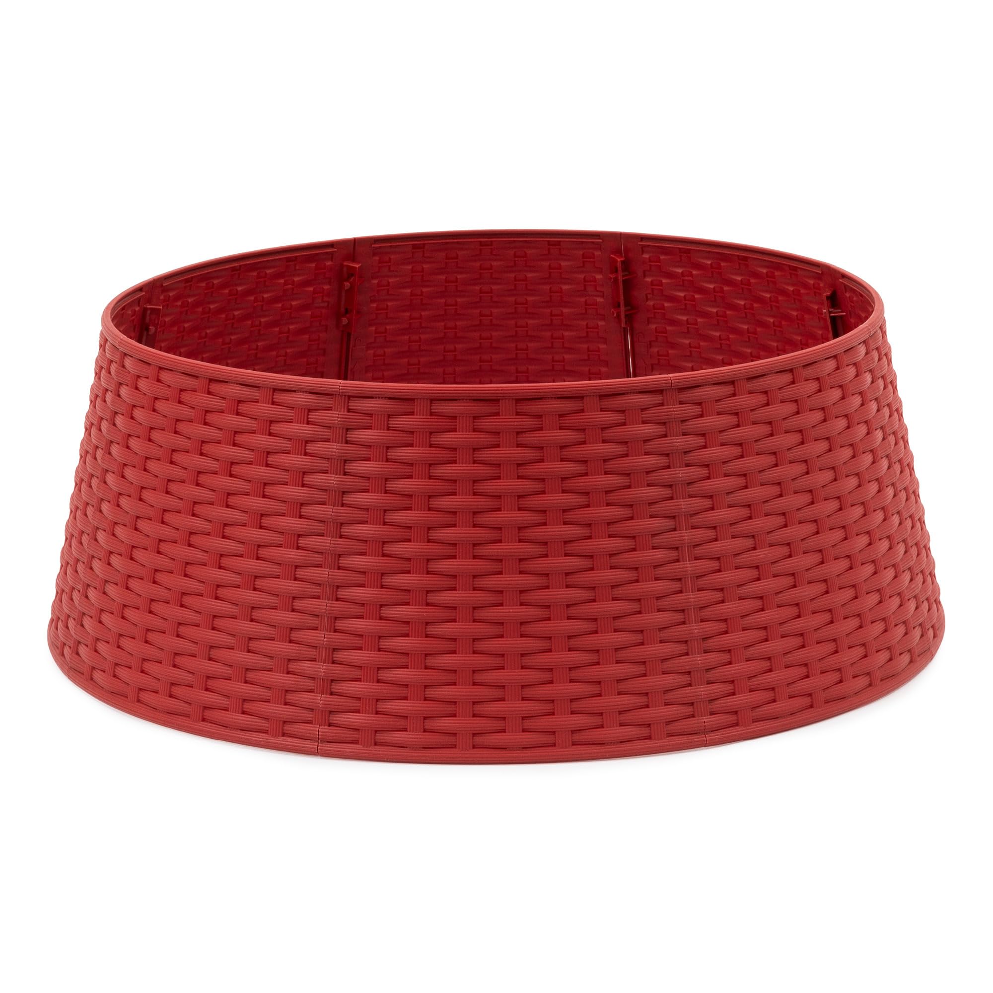 Christmas Village Faux Rattan Christmas Tree Skirt - 65cm Base Diameter, Durable Snap-Together Design, Fits Tree Stands up to 63cm - Red
