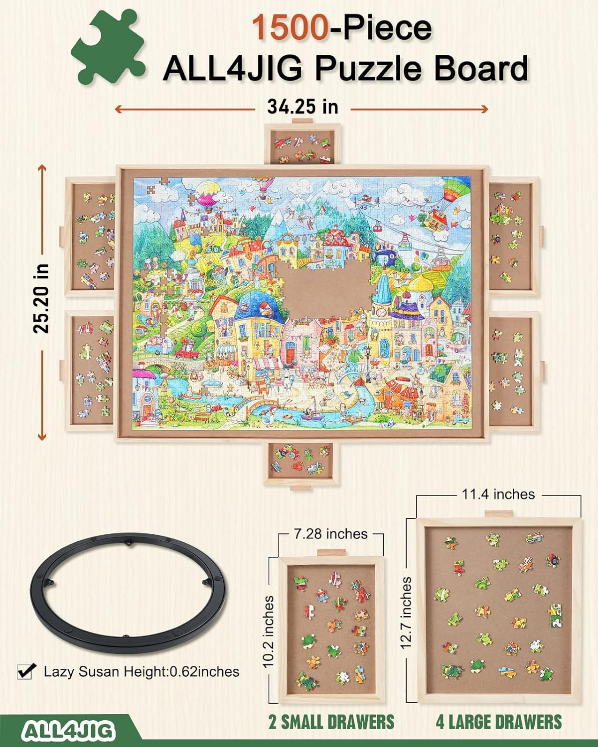 ALL4JIG 1500 Pieces Rotating Puzzle Board with 6 Drawers and Cover,25