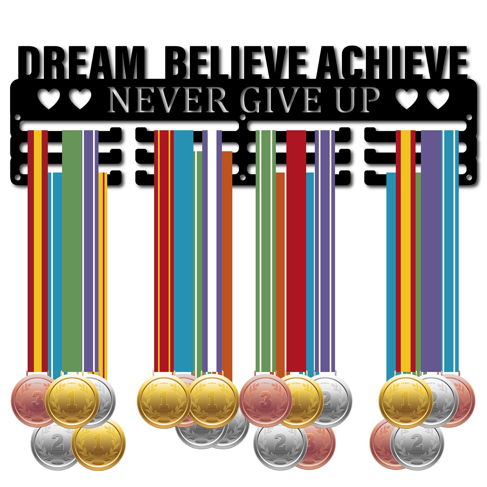 Photo 1 of CREATCABIN Medal Holder Display Hanger Rack Sports Dream Believe Achieve Never Give Up Metal Iron Wall Mount for Race Runner Players Gymnastics Swimming Running Over 60 Medals Black 15.7 x 4.7 Inch