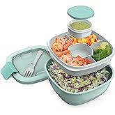 Bentgo Salad Container - 54 oz Bowl with 4-Compartment Toppings Tray, Leak-Proof Dressing Container, Reusable Fork, BPA-Free Lunch Box for Meal Prep & Food Storage; Removable Bento Tray (Coastal Aqua)