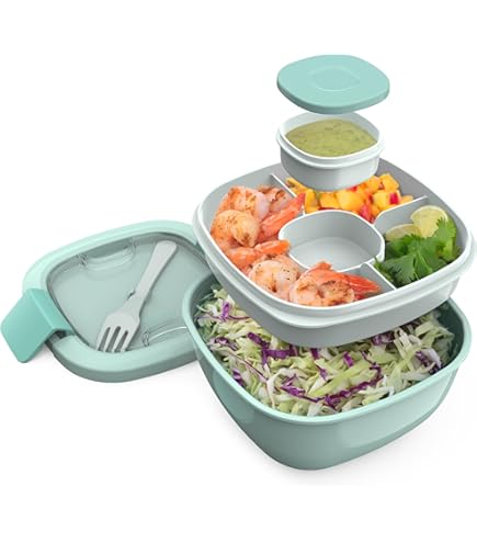 Salad To-Go Container With Ice Cap & Dressing Cup - 7x7x3 Inch Blue Leak-Proof Lunch Box
