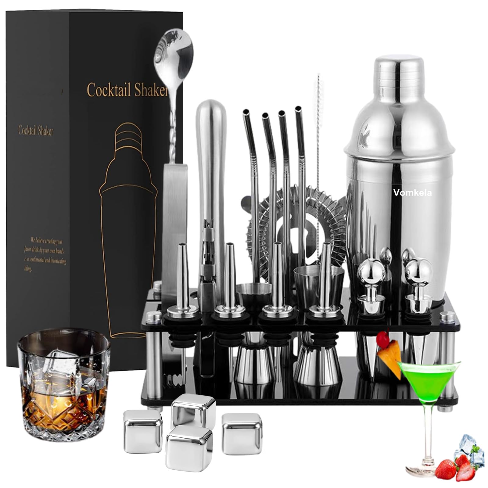 Cocktail Set 750 ml Cocktail Shaker, 24 Pieces Bar Accessories Coctail Mixer Set Bartenders Friends Jigger, Boston Shaker Bartender Set Decoration for Men Women (Type 4)