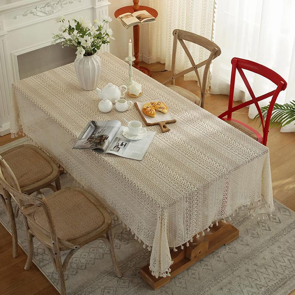 Photo 1 of JAIJY Beige Embroidered Crochet Hole Tablecloth with Tassels, Boho Stripe Geometric Tablecloth for Party Birthday Dinning Table Cloth, Rectangular 59"x63"