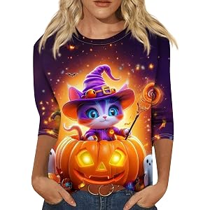 Halloween Shirts for Women Plus Size Cute Cat Print Graphic Tees Casual Crew Neck 3/4 Sleeve Pullover Blouses