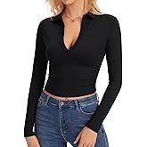 Eyanse Womens Polo Shirts Long Sleeve,Cropped Collared Shirt Cute Fitted V Neck Tops with Button