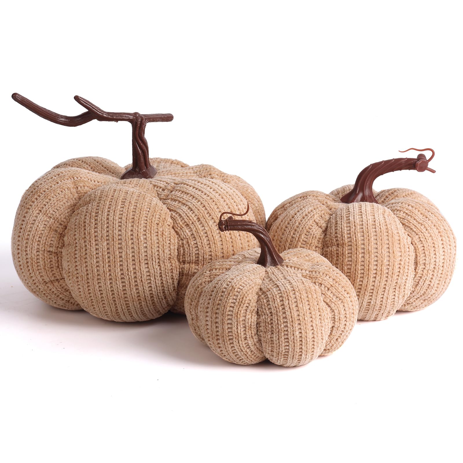 Photo 1 of 3 Sizes Fall Decor Pumpkins,Oversized Cotton Filled Fabric Pumpkin Decor,Farmhouse Decoration,Thanksgiving Decorations,Diameter 8"/6.3"/5.1" Pumpkins for Decorating (3pcs Brown)