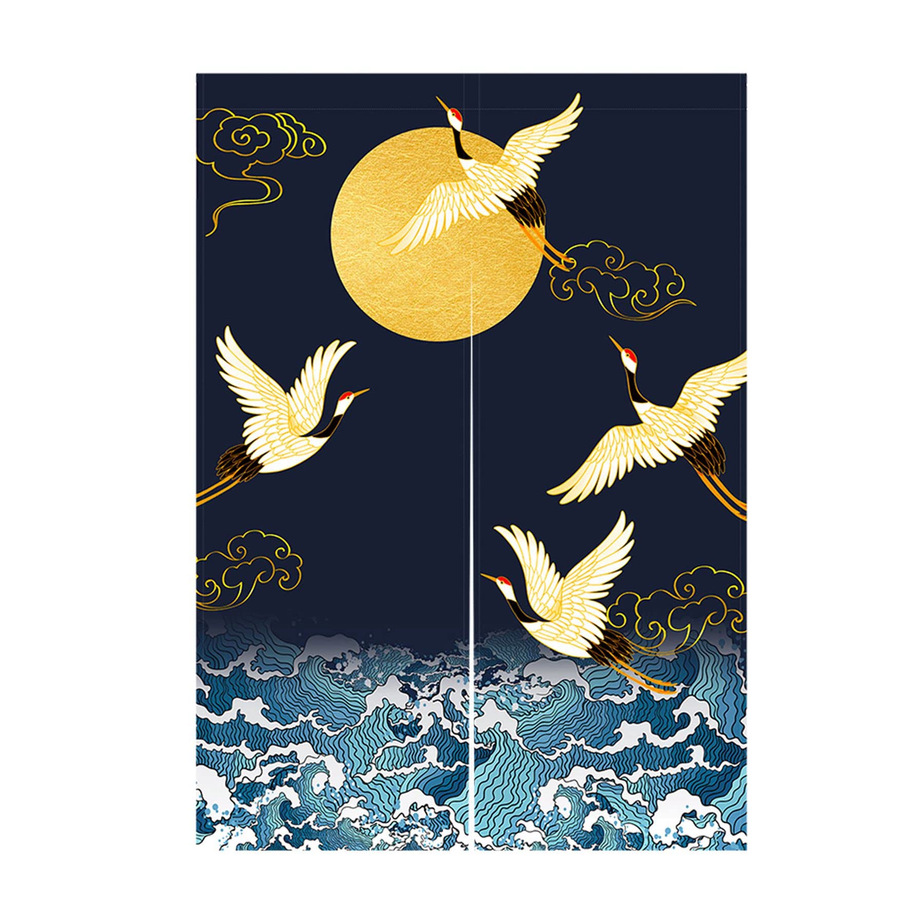 LIGICKY Noren Doorway Curtain Japanese Style Thickened Cranes Waves Gold Full Moon Printed Cotton Linen Window Treatment Door Tapestry for Home Decoration 85 x 120 cm, Navy Blue(Double Sided Priting)