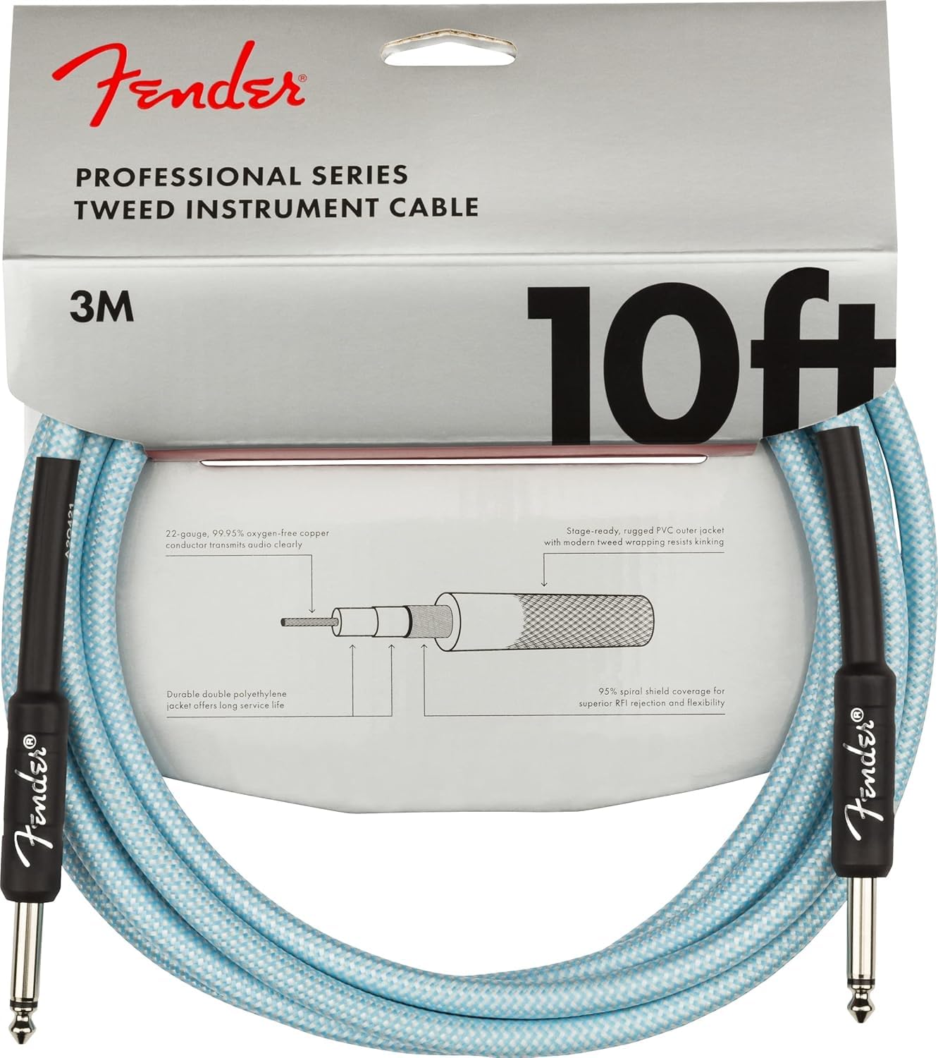 Fender Professional Series Tweed Instrument Cable, 10', Daphne Blue