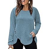 VISLILY Womens-Plus-Size-Tops Trendy Tulip Hem Long Sleeve Shirts Casual Lightweight Knit Sweaters Cute Button Decor Tunics