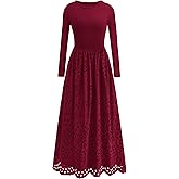 dowerme Women Spring Dresses 2026 Casual Long Sleeve Crewneck A-Line Boho Eyelet Cotton Maxi Wedding Guest Dress Pockets