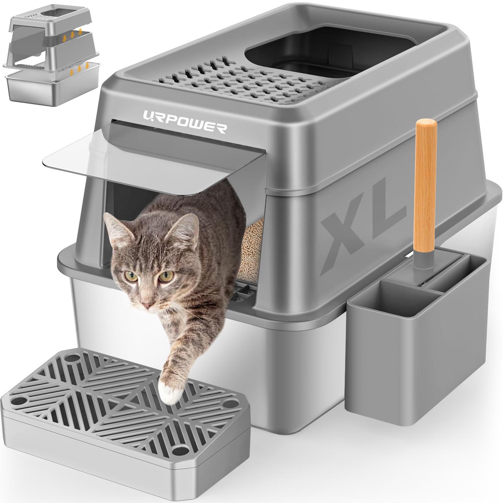Photo 1 of URPOWER Stainless Steel Cat Litter Box with Lid Extra Large Enclosed Litter Box for Cats Non-Sticky Metal Pan with High Sided Enclosure & Scoop, Front & Top Entry, Anti-Leakage, Easy Cleaning