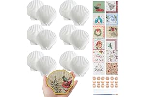 Halloscume 12 Set Christmas Scallop Shells for Crafts 4''-5'' White Natural Large Shells with 24 Pcs Xmas Decoupage Napkins, Acrylic Paint & Brushes for DIY Holiday Ornaments, Christmas Decor, Gift