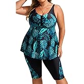 Hanna Nikole Women's Plus Size Tankini Swimsuits Two Piece Bathing Suit Flowy Rash Guard Swimwear with Capris Shorts