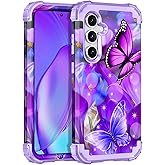 Rancase Compatible with Galaxy S24 FE Case,Three Layer Heavy Duty Shockproof Protection Hard Plastic Bumper+Soft Silicone Rubber Protective Case for Samsung Galaxy S24 FE,Amethyst Butterfly