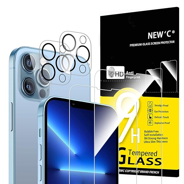 NEW’C 4 PACK, 2 PACK FOR IPHONE 13 PRO MAX SCREEN PROTECTOR + 2 PACK CAMERA LENS PROTECTOR, SENSOR PROTECTION,CASE FRIENDLY TEMPERED GLASS FILM