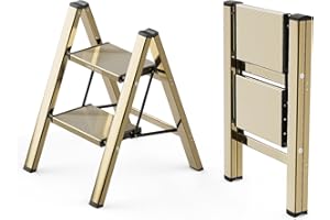 WOA WOA Step Ladder, 2 Step Foldable Step Stool with Widen Pedals, Portable Aluminum Stepladder, Compact Ladder for Space Saving, Home Ladder for Kitchen(300lbs, Gold)
