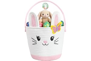 Small Woven Storage Basket with Handle, Cute Bunny Easter Baskets for Gift Empty, Cotton Rope Storage Basket for Toy Organize