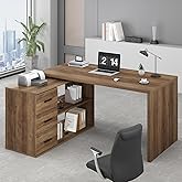 HSH L Shaped Desk with Storage Cabinet, Wood L Shape Desk with Drawers Shelf, Large Corner Computer Table in Home Office Bedr