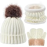 Kids Winter Knit Beanie Hat Scarf Gloves Set for Girls Boys Warm Thick Fleece Lined Cap with Pompom Mittens Neck Warmer