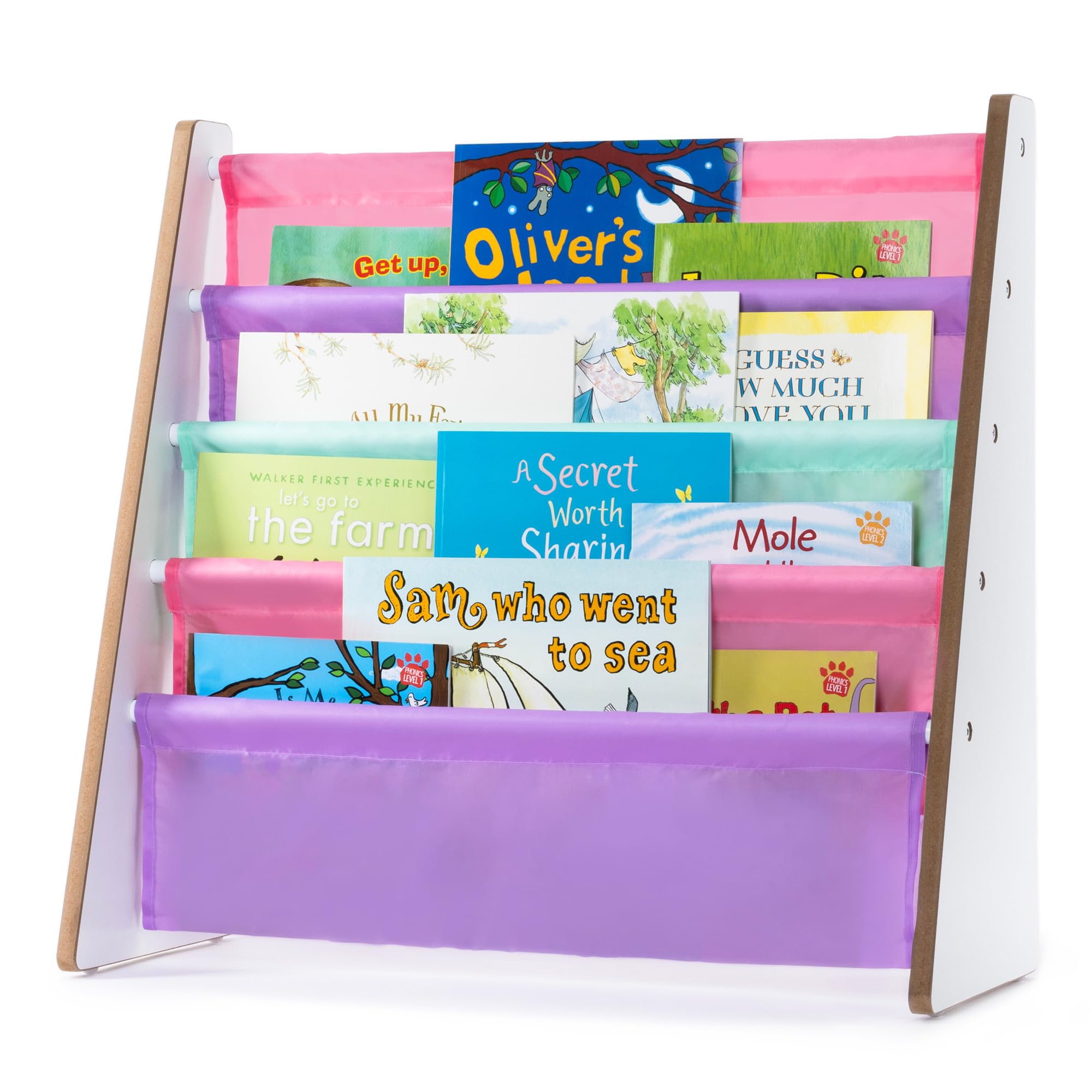 LIVIVO Colorful Kids Bookshelf - 4 Tier Children's Bookcase, Magazine and Book Storage Rack, Wooden Sling Book Organizer, Book Shelf for Kids Room, Bedroom, Nursery, Playroom (Pinks)
