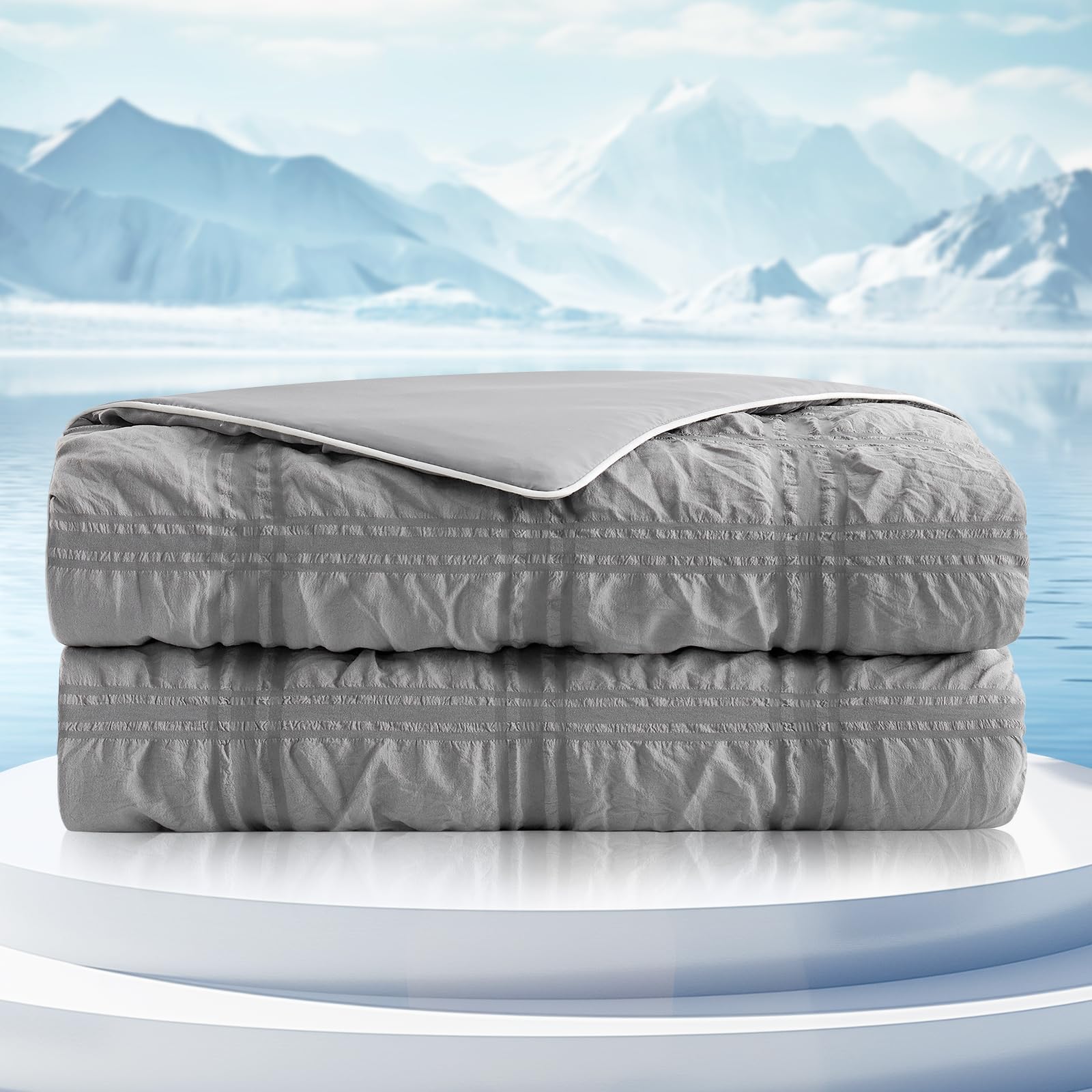 Cozy Bliss Cooling Comforter Seersucker Plaid Twin Size, Q-Max 0.45 Lightweight Cooling Blanket, Breathable Silk Smooth Summer Bedding Quilt for Hot Sleepers Night Sweats Dark Grey Image