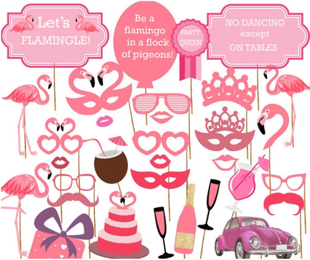 Veewon Flamingo Photo Booth Props Hawaii Luau Summer Party Photobooth Prop Kit Party Favors Hen Party Dress up Accessories, 32 Piece