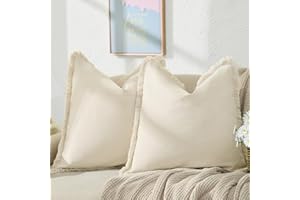 ZWJD Pillow Covers 18x18 Set of 2 Beige Throw Pillow Covers with Fringe Chic Cotton Decorative Pillows Square Cushion Covers for Sofa Couch Bed Living Room Farmhouse Boho Decor