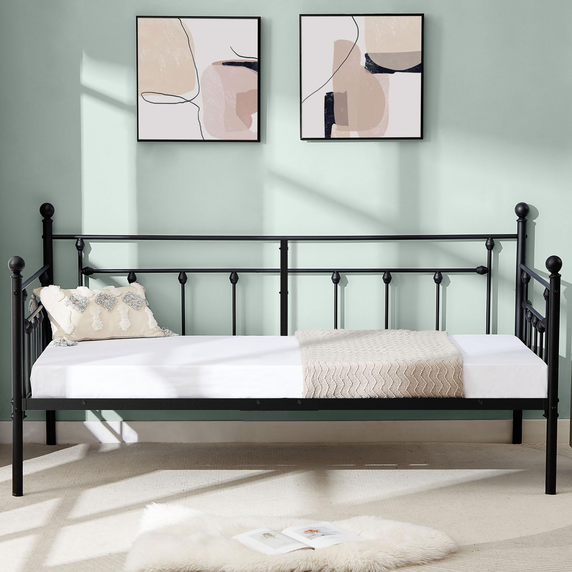 VECELO Daybed Frame, Twin Size Metal Platform Bed with Headboard,Heavy Duty Steel Slats Support for Living Room Bedroom Guest Room, Easy Assembly Image