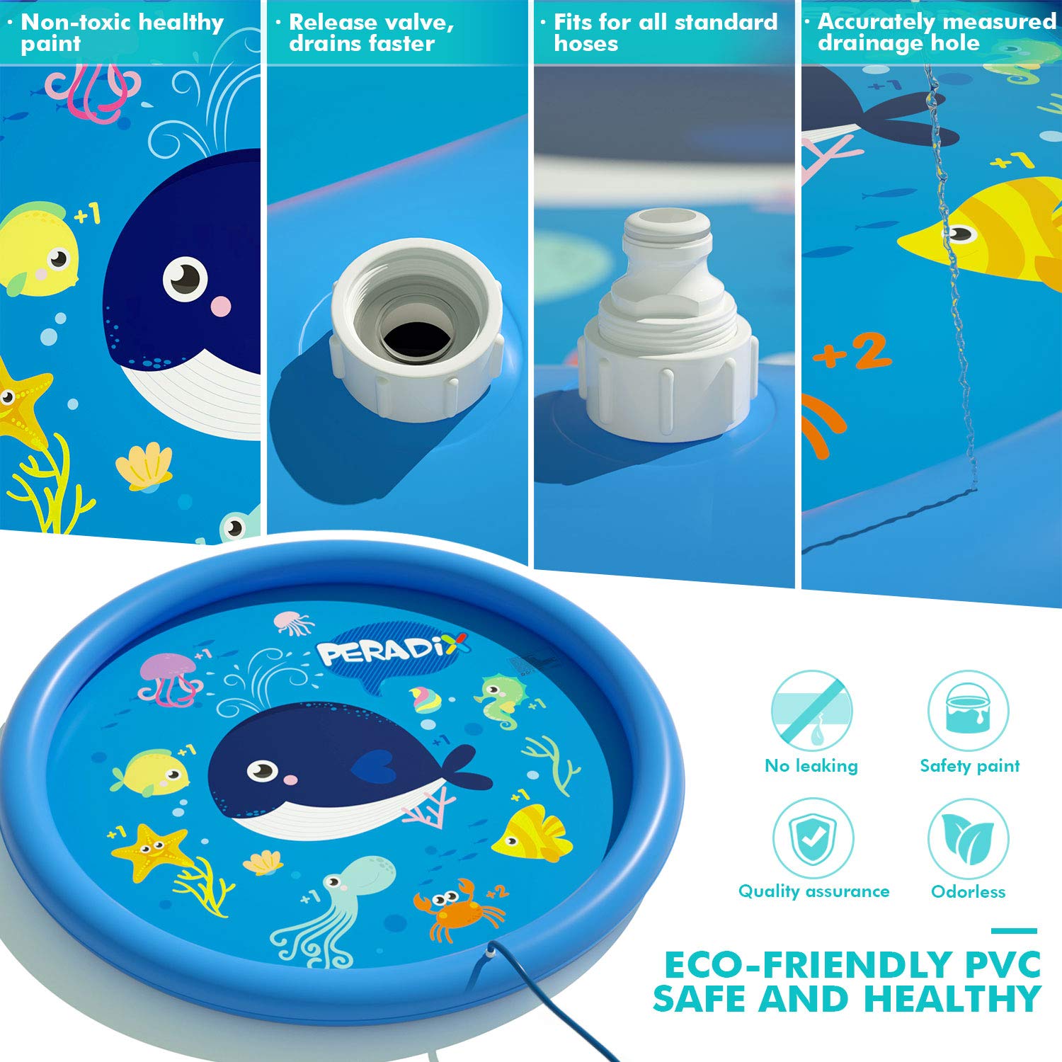 Peradix Splash Play Mat，Splash Pad,170CM Tapete de Aprendizaje para Juego Agua de Salpicaduras y PVC Salpica Almohadilla para Niños para Jardín de Verano Juguetes Acuático