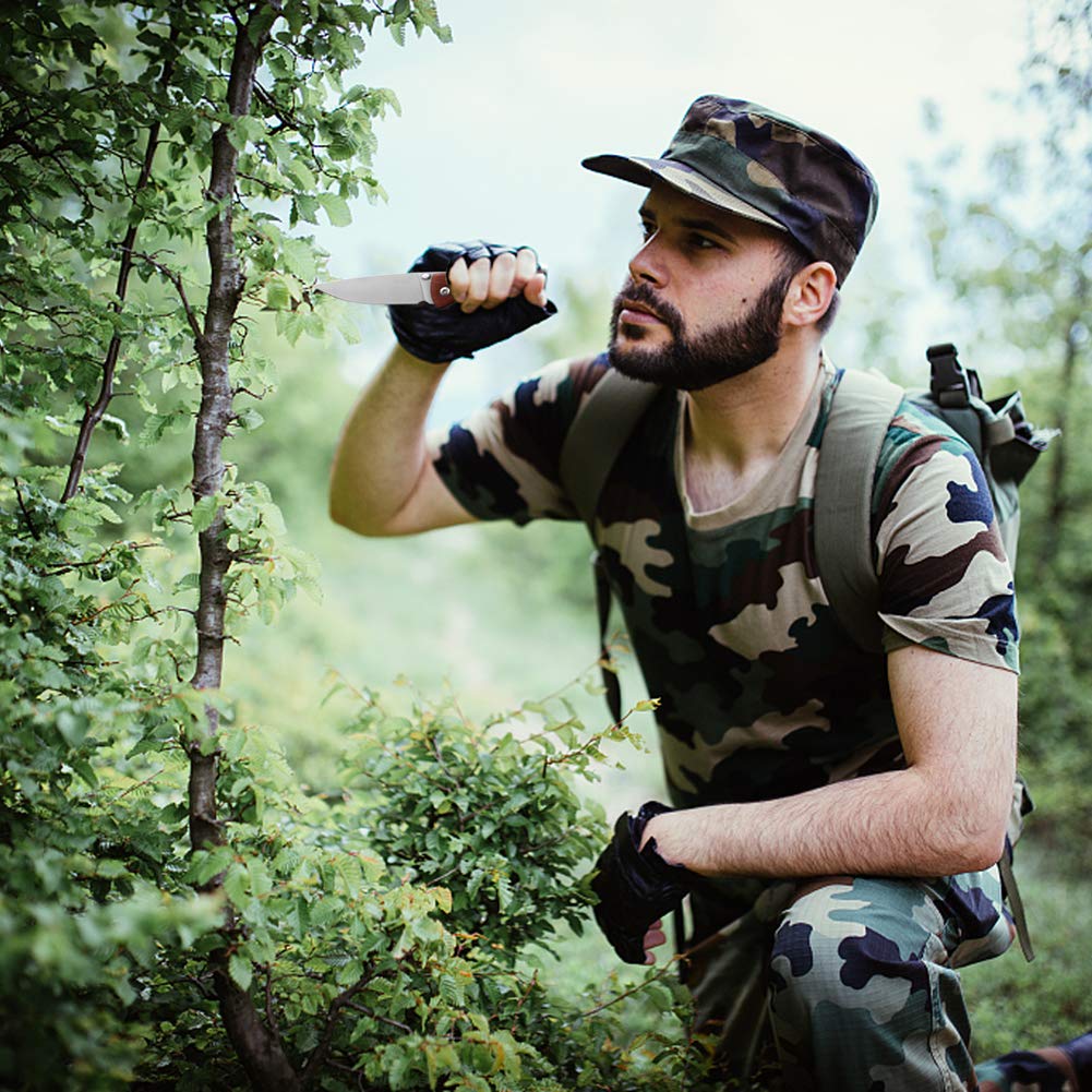 Liner Lock Folding Knife with 8Cr13MoV Stainless Steel Blade, Brown Wood Handle, Belt Clip Outdoor Hunting Camping Tactical Tool EDC Pocket Knives