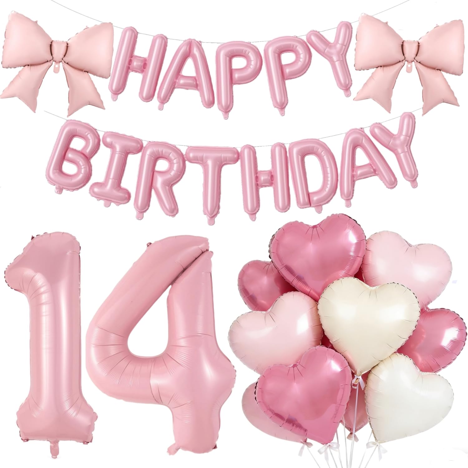 Pink Happy 14th Birthday Decorations, Large 14 Number Foil Balloon 21 Inch Pink Bow 16 Inch Happy Birthday Letter Balloons Banner with 18 Inch Heart Balloons for Girls Party