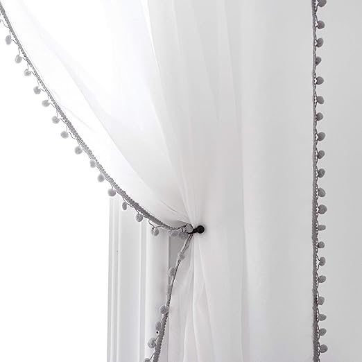 Amazon Com Selectex Linen Look Pom Pom Tasseled Sheer Curtains