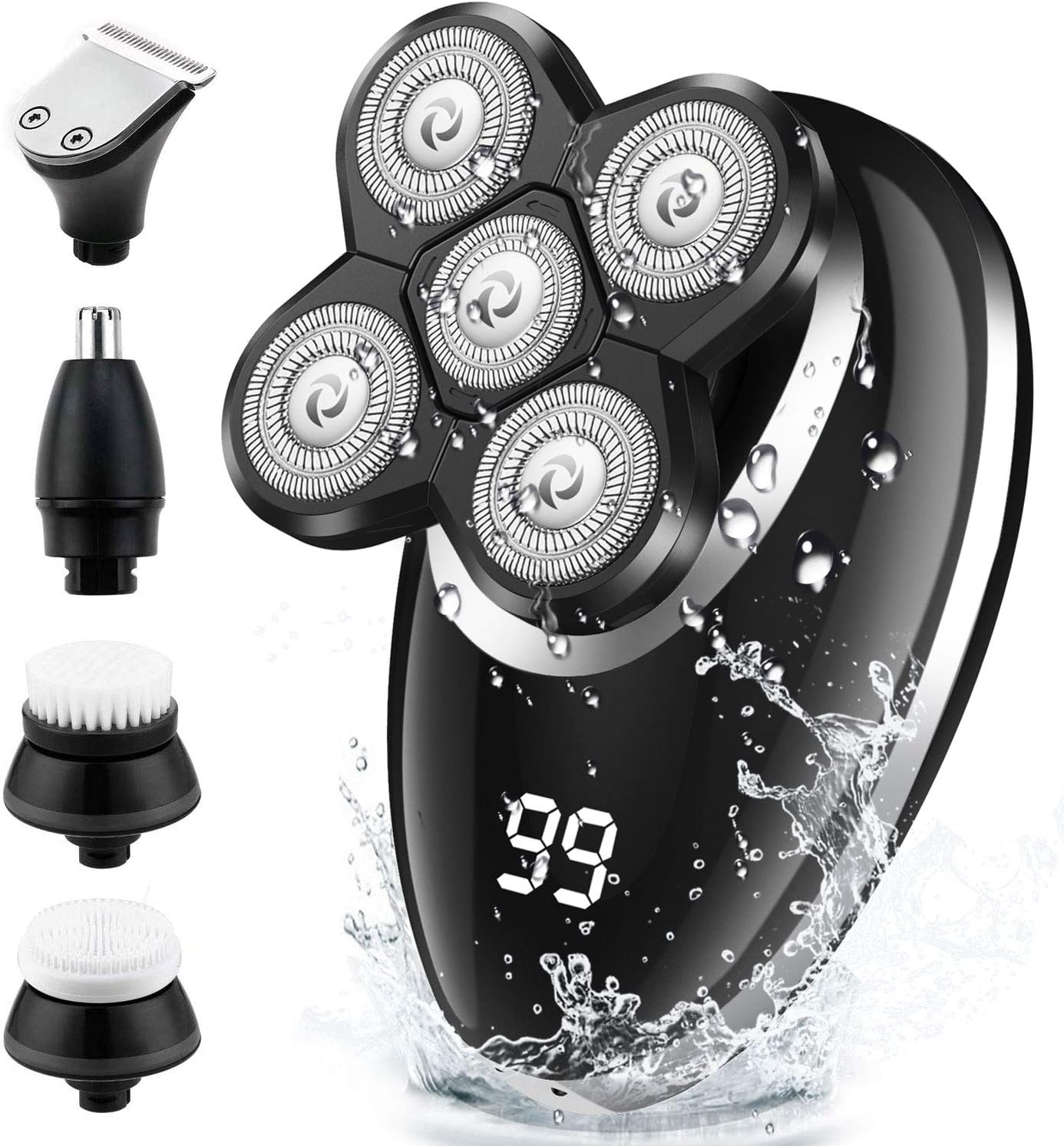 Electric Shaver for Men & Grooming Kit, GOOLEEN 5 in 1 Electric Razor Cordless Waterproof Wet Dry Rotary Bald Head Shaver Nose Trimmer Hair Clippers Facial Cleansing Brush LED Display USB Rechargeable