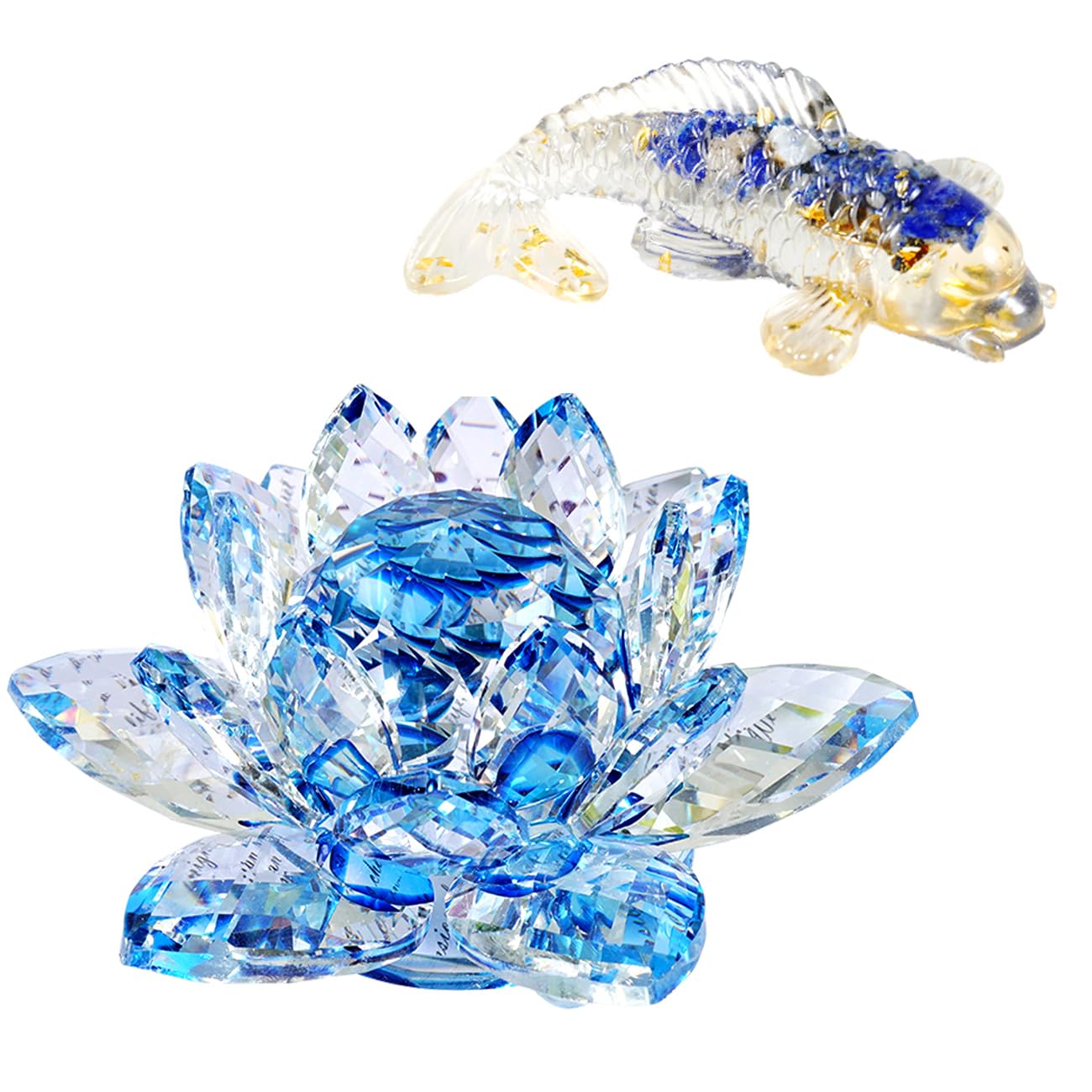 Soulnioi Blue Crystal Lotus Flower Ornaments Tealight Candle Holder and Lapis Lazuli Crystal Crushed Stones Koi Fish Ornaments for Home Office Desk Car Decoration Gift for Friends