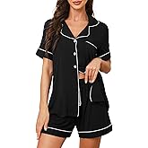 ZMJ Pajama Sets for Women 2 Piece Lounge Sets Short Sleeve Top and Shorts Pj Set Button Down Sleepwear Outfits Black, XXL