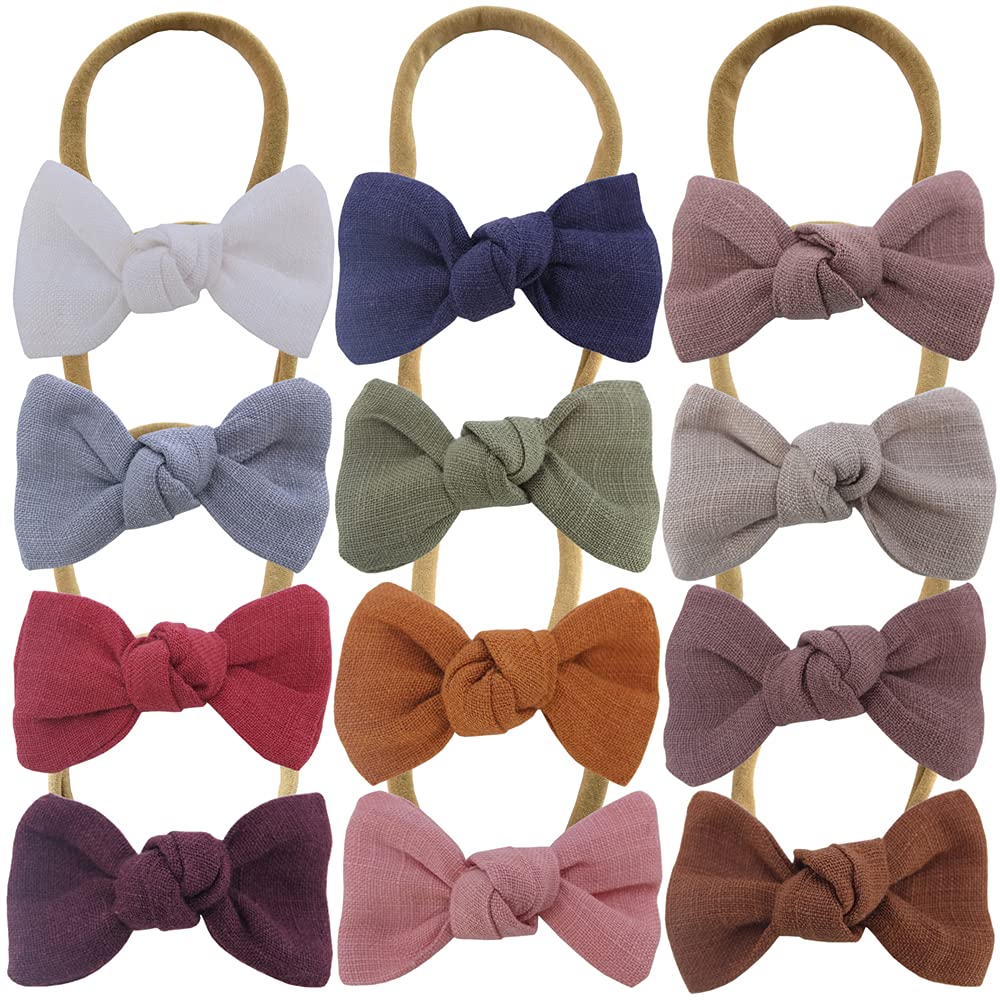 12 Pcs Cute Linen Bow Nylon Headband for Newborn Infant Toddler Mini Hair Bow Elastic Bands Baby Girls Little Kids Headbands (Linen Mini Knot bow 2.5'')