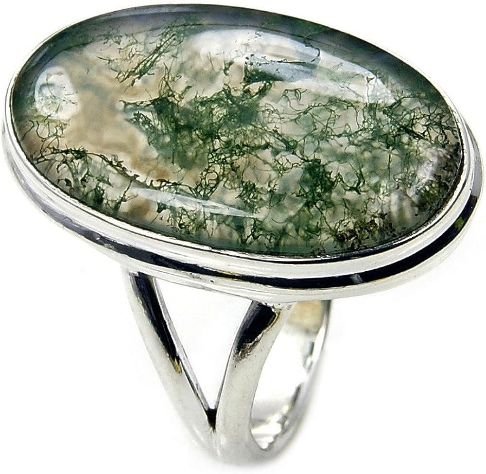 The Silver Plaza Sterling Silver Moss Agate Ring, Size R: Amazon.co.uk
