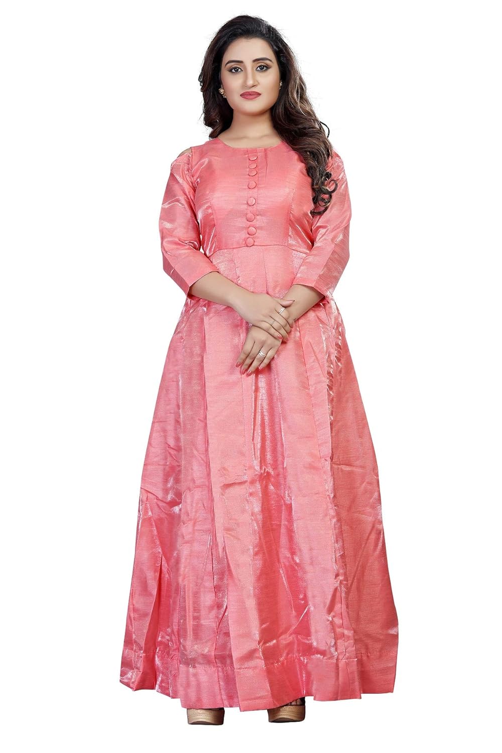 orangesell women`s banglory satin kali work stitched latest design gown (pink_xl)