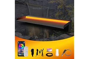 Pamopamo Pool Waterfall Spillway Stainless Steel Pond Fountain, APP Control Colorful LED Lighted Outdoor Black Fountains, Water Flow Spillways Kit for Koi Pond, Swimming Pool, Garden-23.6"x7.8"x3.9"
