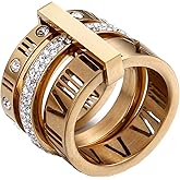PAMTIER Women's Stainless Steel with Zirconia Roman Numerals 3 in 1 Ring