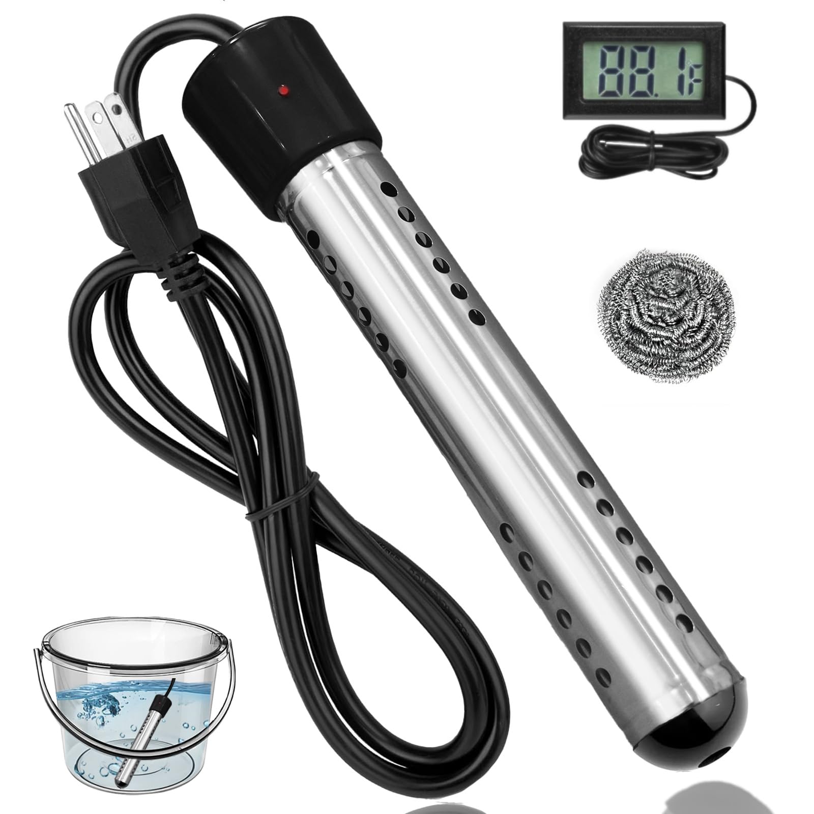Photo 1 of Immersion Water Heater Electric, 2000W Portable Water Heater with 304 S S Guard & LCD Thermometer, Fast Heating Bucket Heater, Ideal for Bucket Bathtub, Small Pool, Home Camping Outdoor Use